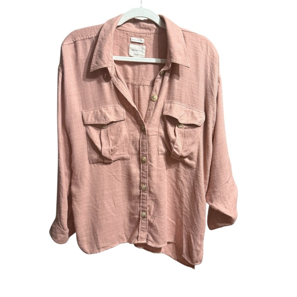 American Eagle Pink Terracotta Button Down Long Sleeve‎ Shirt Women’s Sz M Y2K